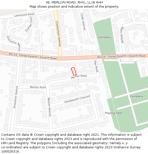 36, MERLLYN ROAD, RHYL, LL18 4HH: Location map and indicative extent of plot