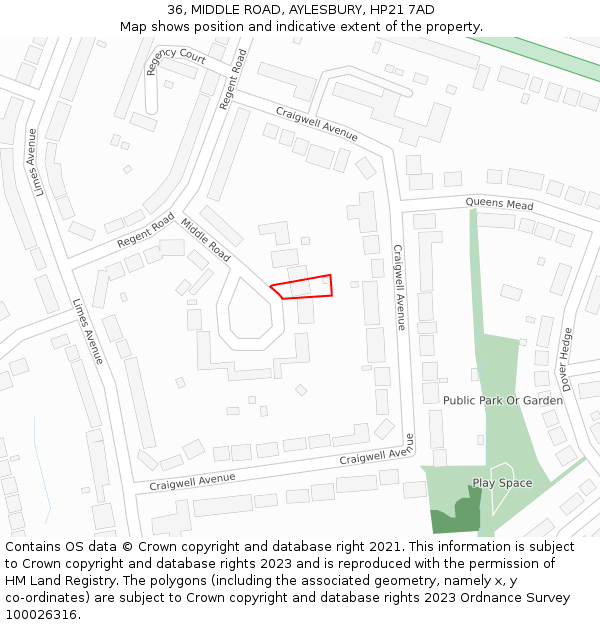 36, MIDDLE ROAD, AYLESBURY, HP21 7AD: Location map and indicative extent of plot