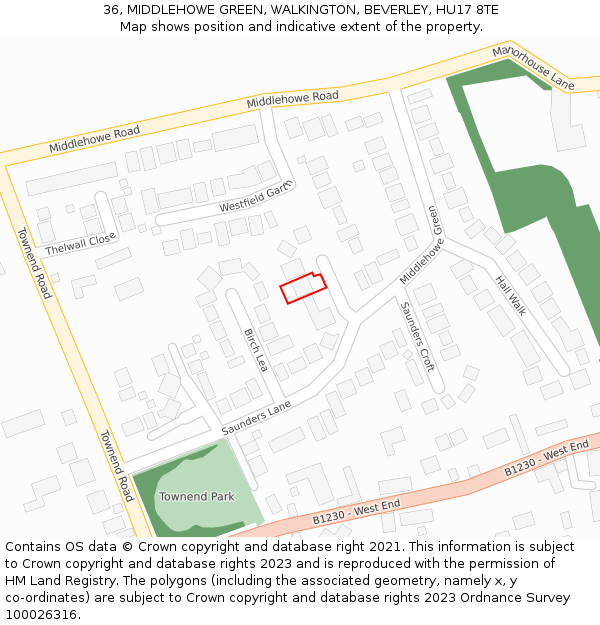 36, MIDDLEHOWE GREEN, WALKINGTON, BEVERLEY, HU17 8TE: Location map and indicative extent of plot