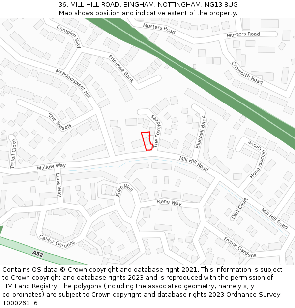 36, MILL HILL ROAD, BINGHAM, NOTTINGHAM, NG13 8UG: Location map and indicative extent of plot