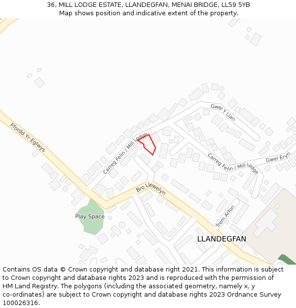 36, MILL LODGE ESTATE, LLANDEGFAN, MENAI BRIDGE, LL59 5YB: Location map and indicative extent of plot