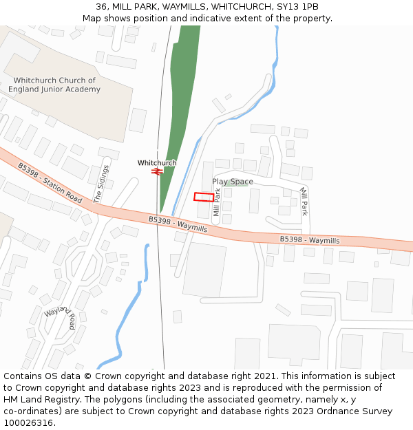 36, MILL PARK, WAYMILLS, WHITCHURCH, SY13 1PB: Location map and indicative extent of plot