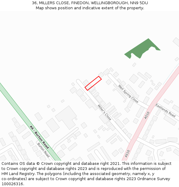 36, MILLERS CLOSE, FINEDON, WELLINGBOROUGH, NN9 5DU: Location map and indicative extent of plot