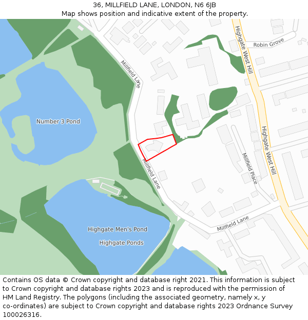 36, MILLFIELD LANE, LONDON, N6 6JB: Location map and indicative extent of plot