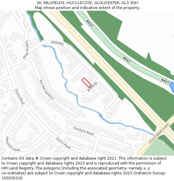36, MILLFIELDS, HUCCLECOTE, GLOUCESTER, GL3 3NH: Location map and indicative extent of plot