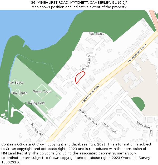 36, MINEHURST ROAD, MYTCHETT, CAMBERLEY, GU16 6JP: Location map and indicative extent of plot