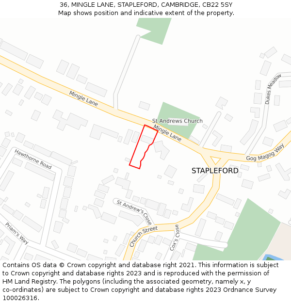 36, MINGLE LANE, STAPLEFORD, CAMBRIDGE, CB22 5SY: Location map and indicative extent of plot