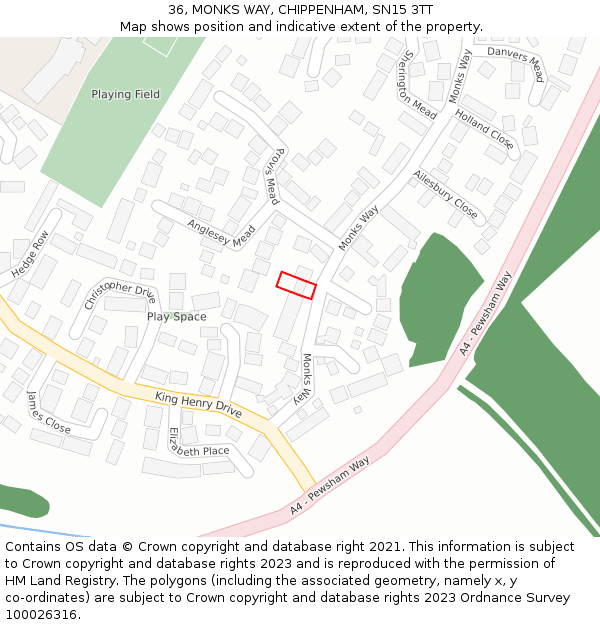 36, MONKS WAY, CHIPPENHAM, SN15 3TT: Location map and indicative extent of plot