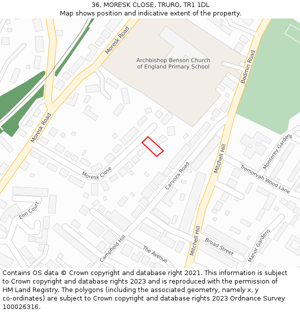 36, MORESK CLOSE, TRURO, TR1 1DL: Location map and indicative extent of plot