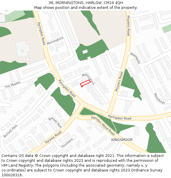 36, MORNINGTONS, HARLOW, CM19 4QH: Location map and indicative extent of plot