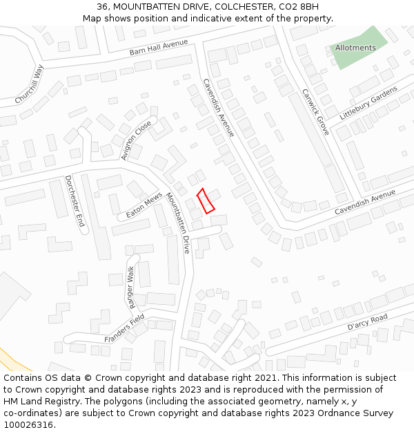 36, MOUNTBATTEN DRIVE, COLCHESTER, CO2 8BH: Location map and indicative extent of plot