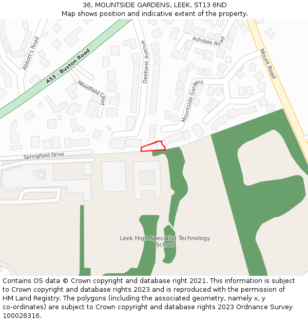 36, MOUNTSIDE GARDENS, LEEK, ST13 6ND: Location map and indicative extent of plot