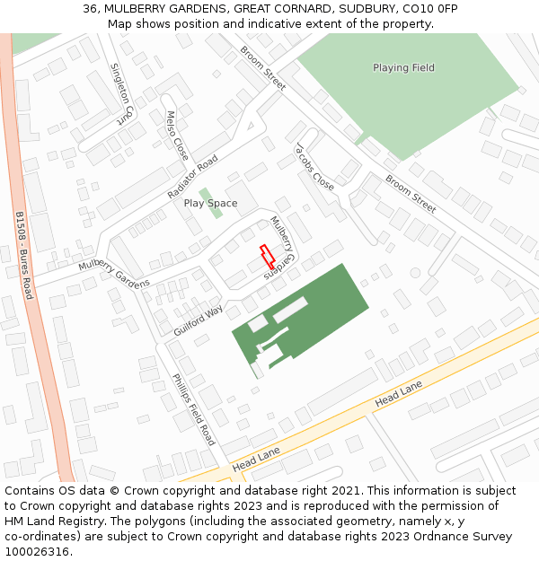 36, MULBERRY GARDENS, GREAT CORNARD, SUDBURY, CO10 0FP: Location map and indicative extent of plot