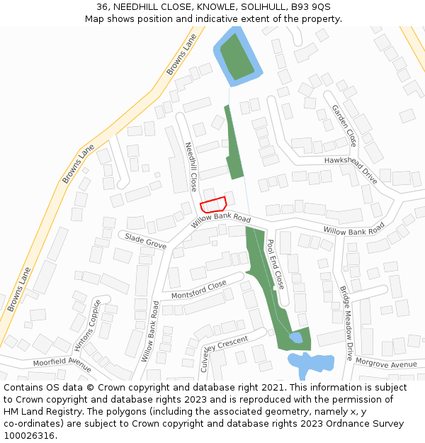 36, NEEDHILL CLOSE, KNOWLE, SOLIHULL, B93 9QS: Location map and indicative extent of plot