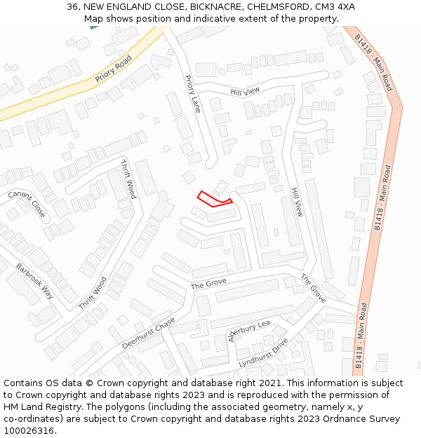 36, NEW ENGLAND CLOSE, BICKNACRE, CHELMSFORD, CM3 4XA: Location map and indicative extent of plot