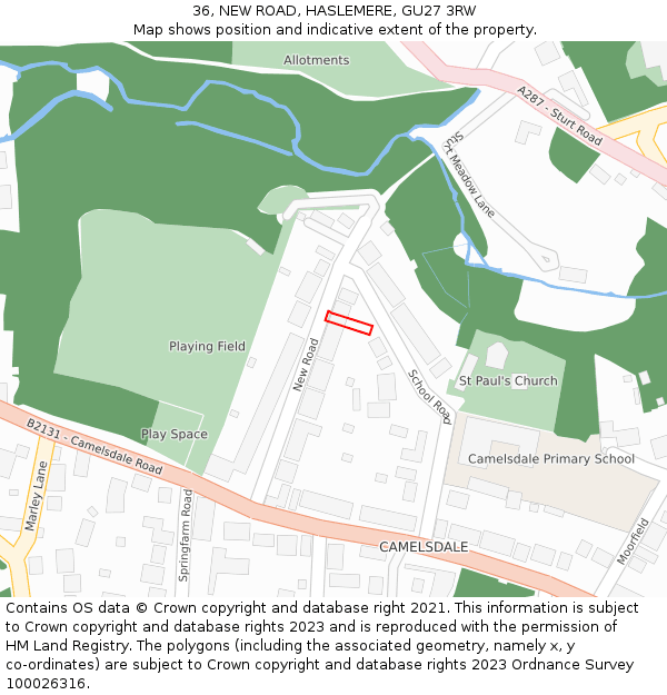 36, NEW ROAD, HASLEMERE, GU27 3RW: Location map and indicative extent of plot