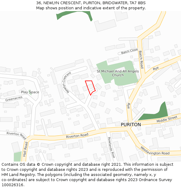 36, NEWLYN CRESCENT, PURITON, BRIDGWATER, TA7 8BS: Location map and indicative extent of plot