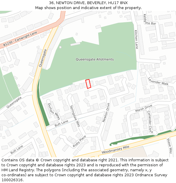 36, NEWTON DRIVE, BEVERLEY, HU17 8NX: Location map and indicative extent of plot