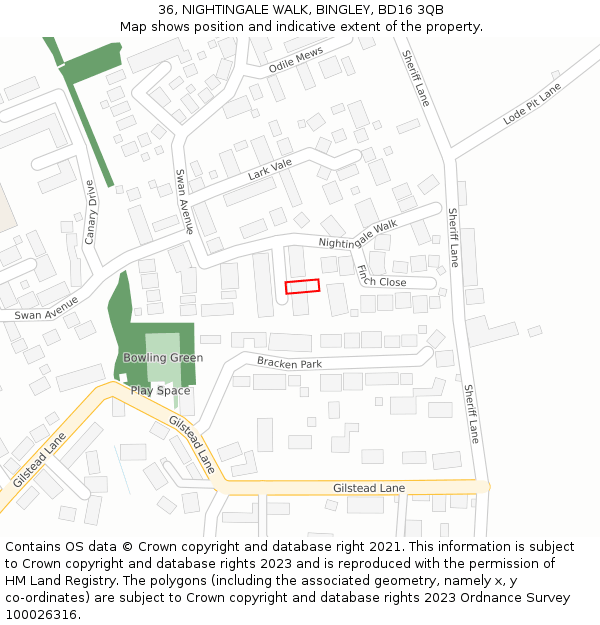 36, NIGHTINGALE WALK, BINGLEY, BD16 3QB: Location map and indicative extent of plot