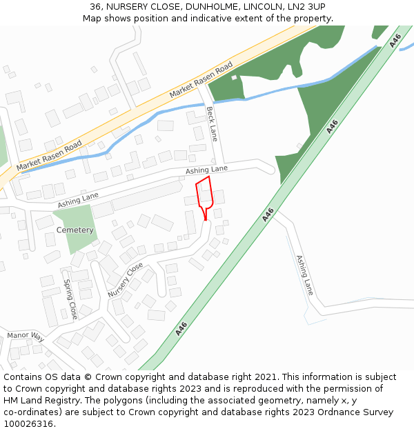 36, NURSERY CLOSE, DUNHOLME, LINCOLN, LN2 3UP: Location map and indicative extent of plot