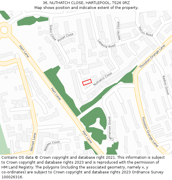 36, NUTHATCH CLOSE, HARTLEPOOL, TS26 0RZ: Location map and indicative extent of plot