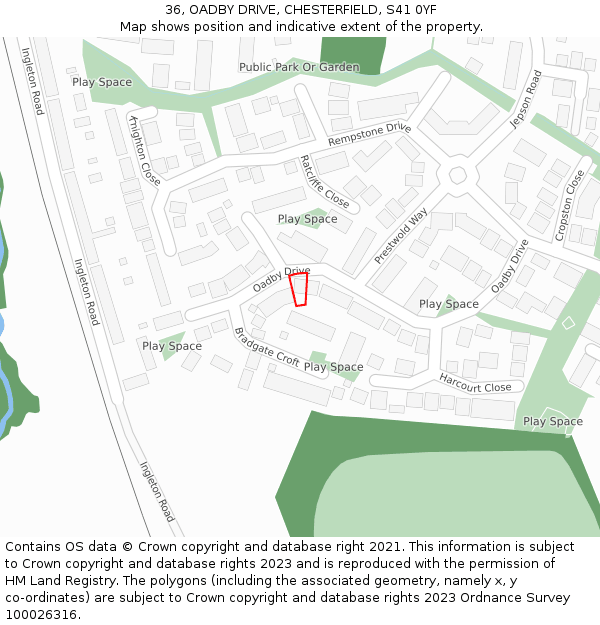 36, OADBY DRIVE, CHESTERFIELD, S41 0YF: Location map and indicative extent of plot