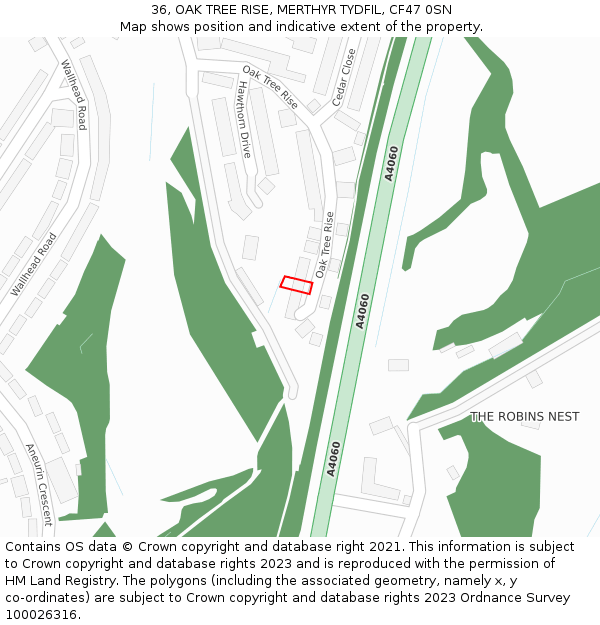 36, OAK TREE RISE, MERTHYR TYDFIL, CF47 0SN: Location map and indicative extent of plot