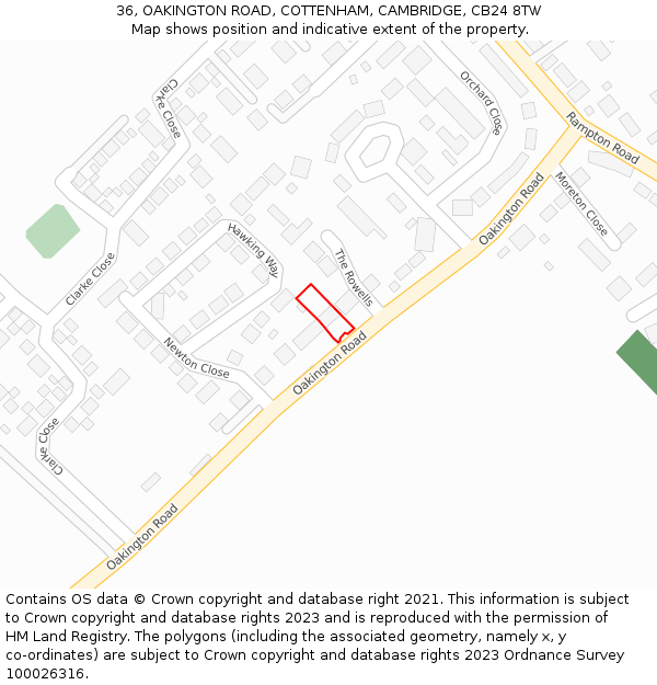36, OAKINGTON ROAD, COTTENHAM, CAMBRIDGE, CB24 8TW: Location map and indicative extent of plot