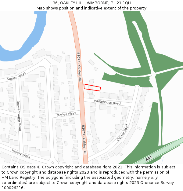36, OAKLEY HILL, WIMBORNE, BH21 1QH: Location map and indicative extent of plot