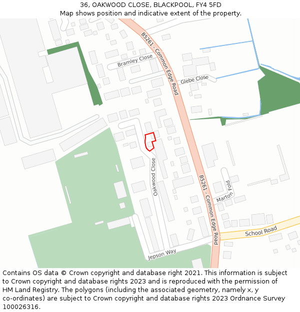 36, OAKWOOD CLOSE, BLACKPOOL, FY4 5FD: Location map and indicative extent of plot