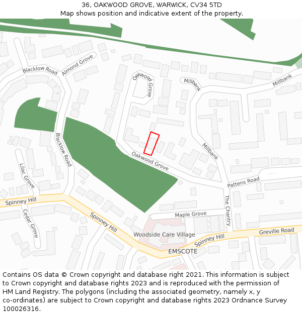 36, OAKWOOD GROVE, WARWICK, CV34 5TD: Location map and indicative extent of plot