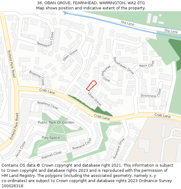 36, OBAN GROVE, FEARNHEAD, WARRINGTON, WA2 0TG: Location map and indicative extent of plot