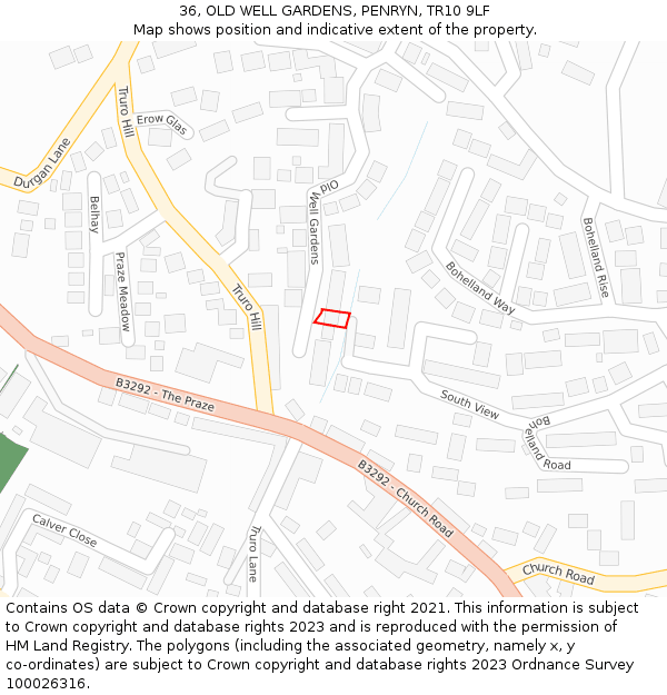 36, OLD WELL GARDENS, PENRYN, TR10 9LF: Location map and indicative extent of plot
