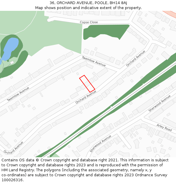 36, ORCHARD AVENUE, POOLE, BH14 8AJ: Location map and indicative extent of plot