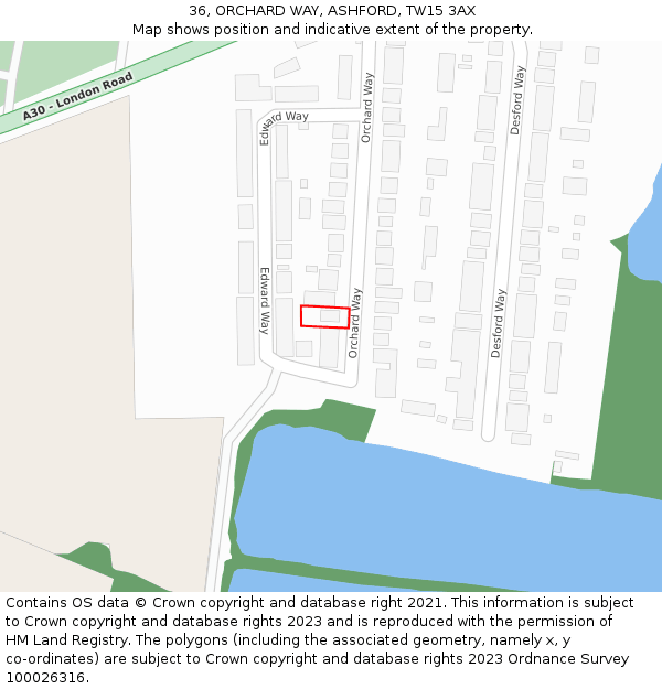 36, ORCHARD WAY, ASHFORD, TW15 3AX: Location map and indicative extent of plot