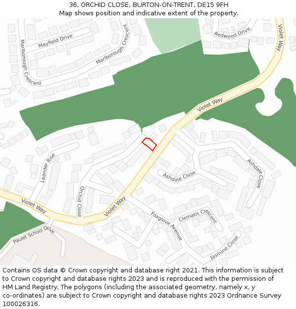 36, ORCHID CLOSE, BURTON-ON-TRENT, DE15 9FH: Location map and indicative extent of plot