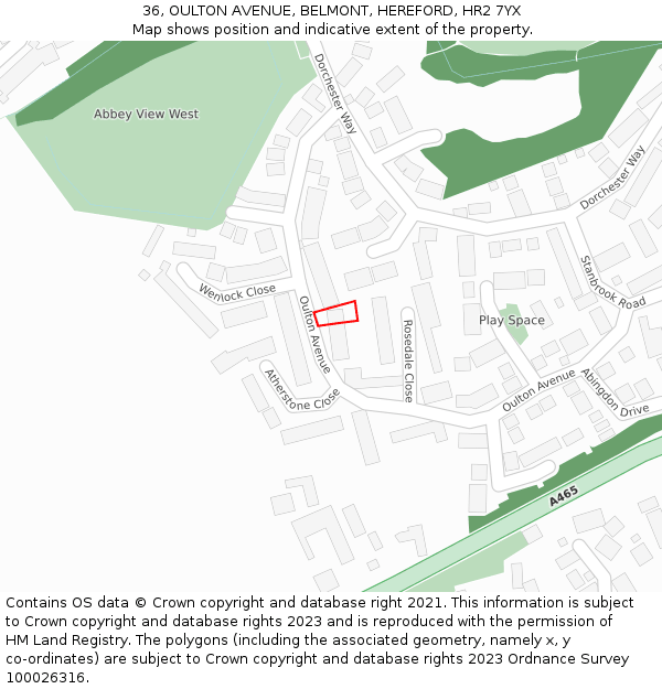 36, OULTON AVENUE, BELMONT, HEREFORD, HR2 7YX: Location map and indicative extent of plot