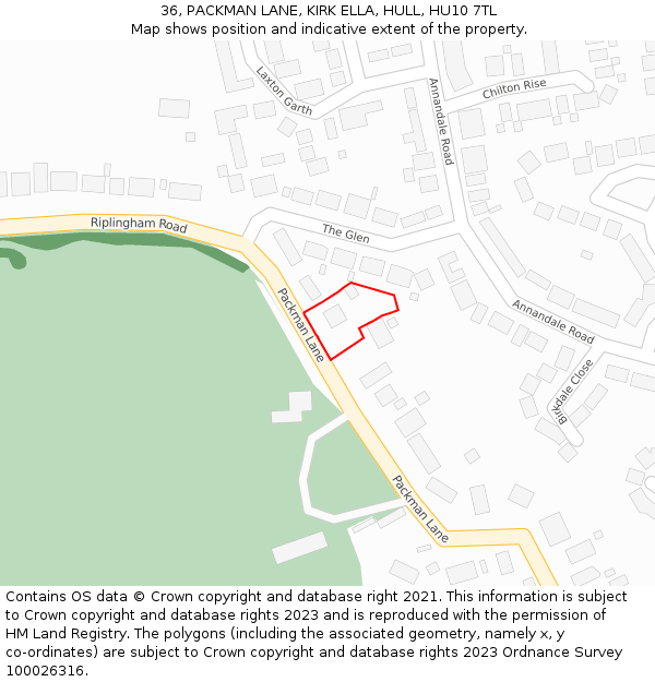 36, PACKMAN LANE, KIRK ELLA, HULL, HU10 7TL: Location map and indicative extent of plot