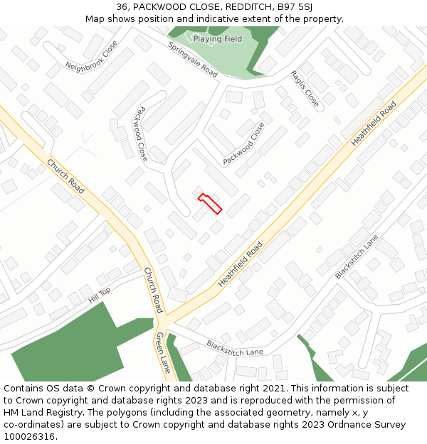 36, PACKWOOD CLOSE, REDDITCH, B97 5SJ: Location map and indicative extent of plot