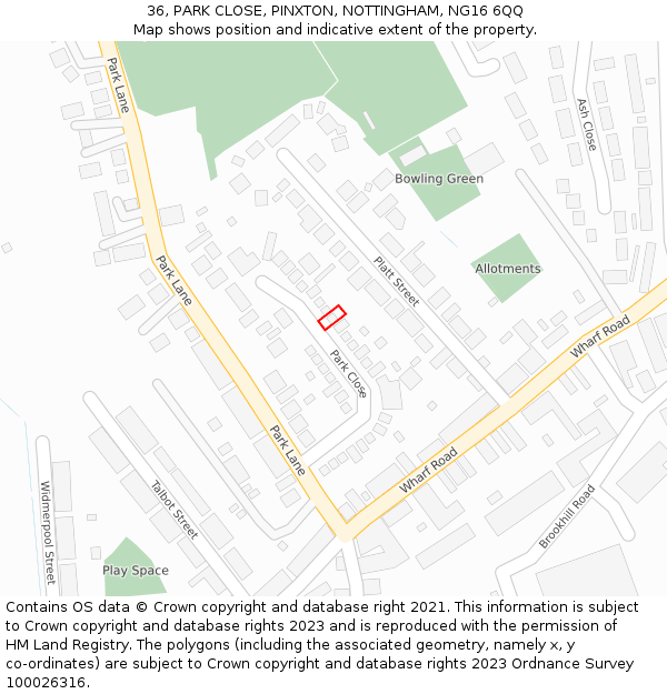 36, PARK CLOSE, PINXTON, NOTTINGHAM, NG16 6QQ: Location map and indicative extent of plot