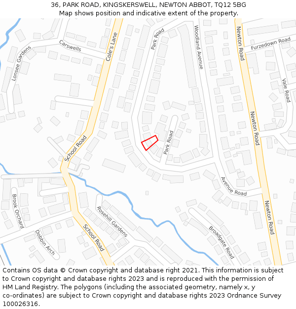 36, PARK ROAD, KINGSKERSWELL, NEWTON ABBOT, TQ12 5BG: Location map and indicative extent of plot