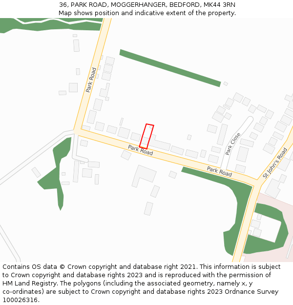 36, PARK ROAD, MOGGERHANGER, BEDFORD, MK44 3RN: Location map and indicative extent of plot