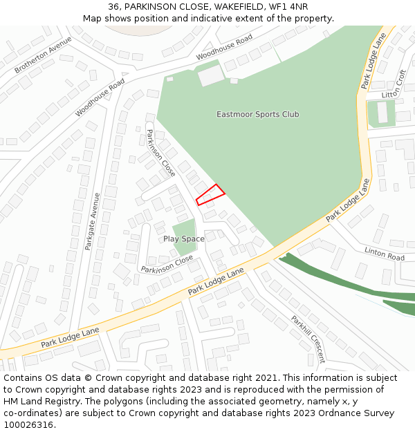 36, PARKINSON CLOSE, WAKEFIELD, WF1 4NR: Location map and indicative extent of plot