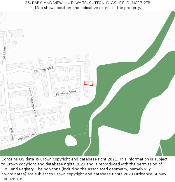 36, PARKLAND VIEW, HUTHWAITE, SUTTON-IN-ASHFIELD, NG17 2TR: Location map and indicative extent of plot