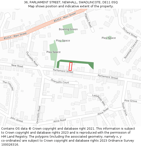 36, PARLIAMENT STREET, NEWHALL, SWADLINCOTE, DE11 0SQ: Location map and indicative extent of plot