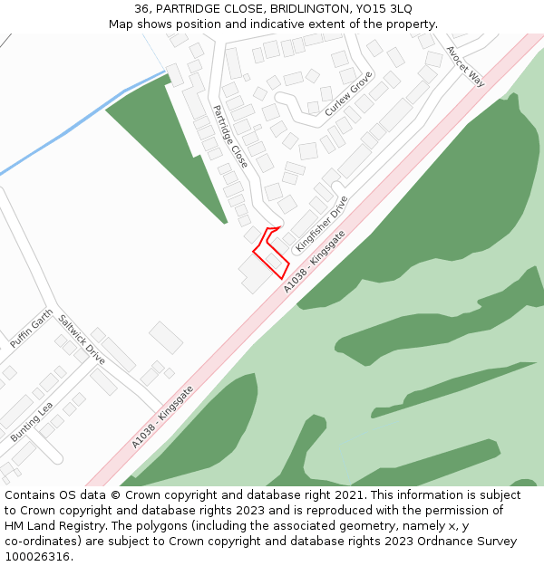 36, PARTRIDGE CLOSE, BRIDLINGTON, YO15 3LQ: Location map and indicative extent of plot