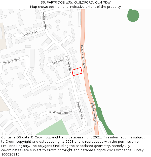 36, PARTRIDGE WAY, GUILDFORD, GU4 7DW: Location map and indicative extent of plot