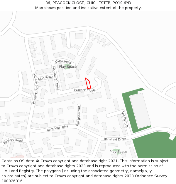 36, PEACOCK CLOSE, CHICHESTER, PO19 6YD: Location map and indicative extent of plot
