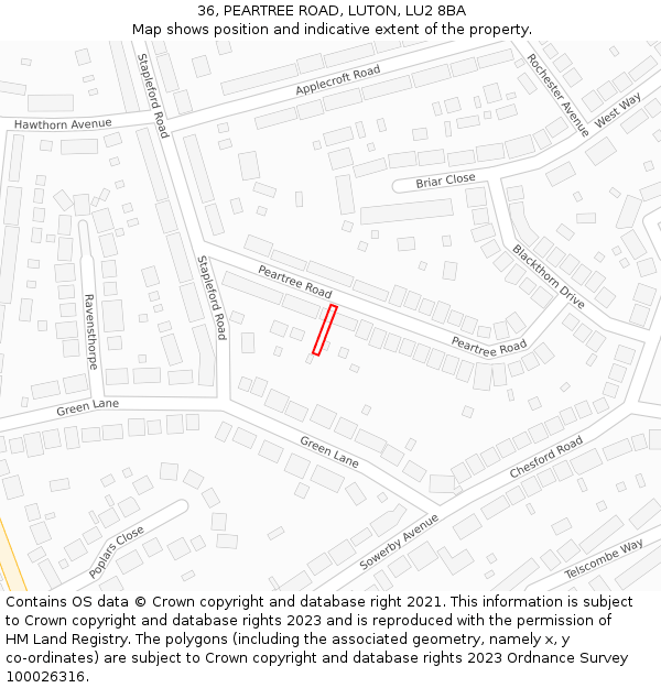 36, PEARTREE ROAD, LUTON, LU2 8BA: Location map and indicative extent of plot