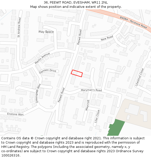 36, PEEWIT ROAD, EVESHAM, WR11 2NL: Location map and indicative extent of plot